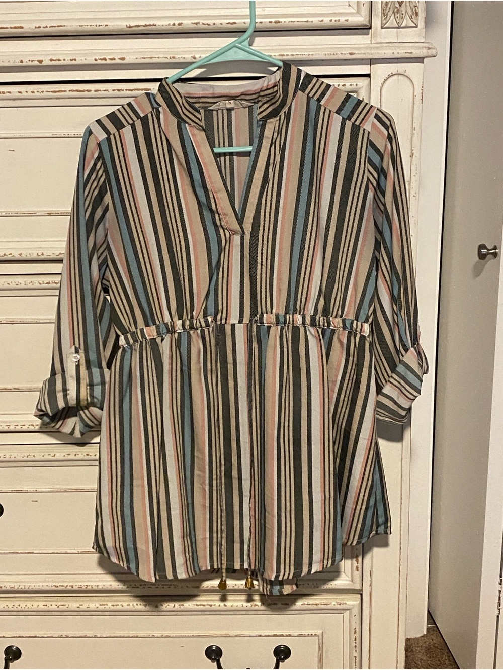 Striped V-Neck Drawstring Tunic Top - Blue, Pink & Cream